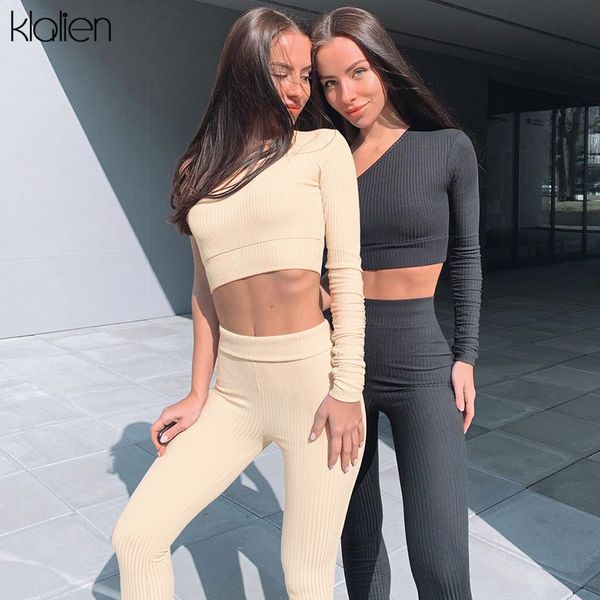 

t shirt high street casual tracksuit women rib knitted and pant solid 2 piece set fitness activewear elastic female outfit, White