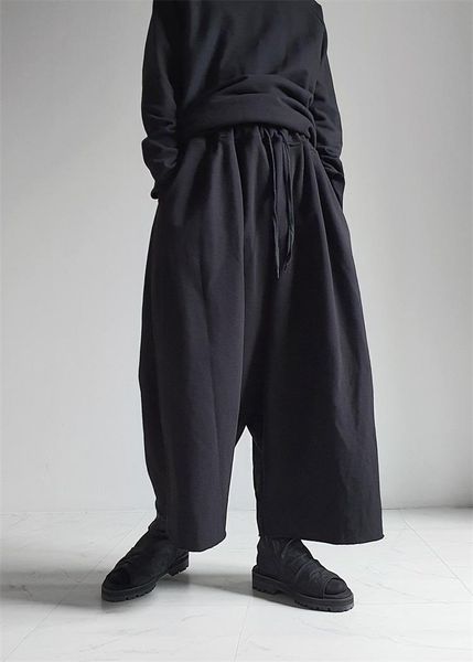 

men's pants cropped dark style casual harem loose large lace up trendy men, Black