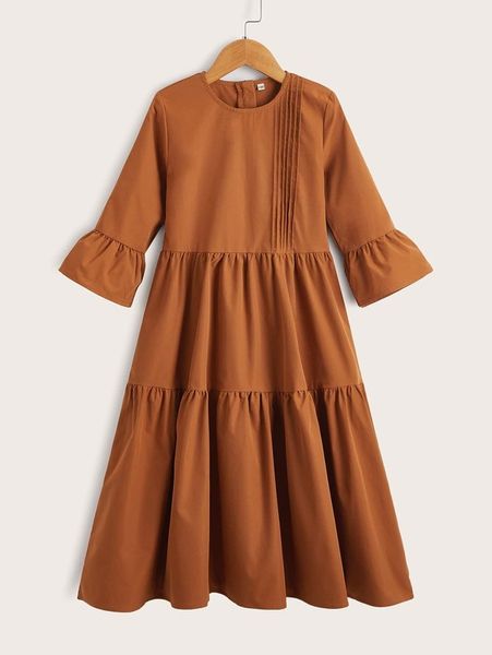 

girls flounce sleeve fold pleated ruffle hem dress she, Red;yellow