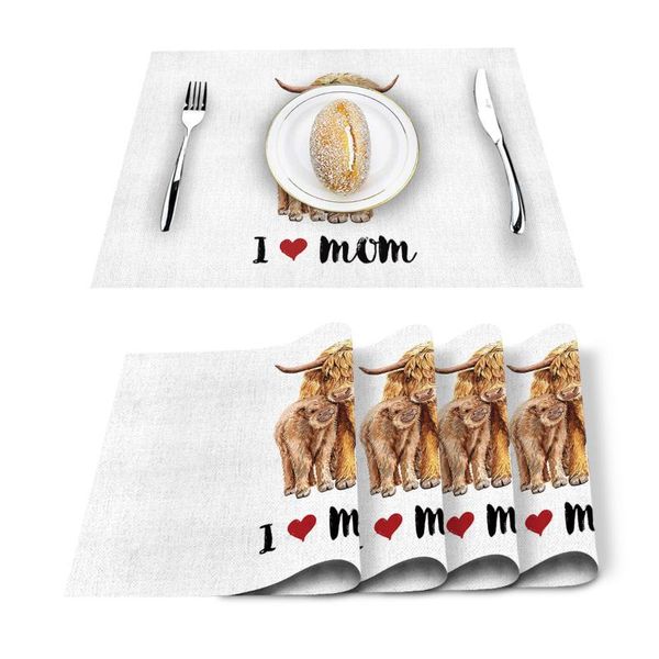 

table runner 4/6pcs mothers day animal yak i love mom kitchen placemat set dining mats cotton linen pad bowl cup mat home decor