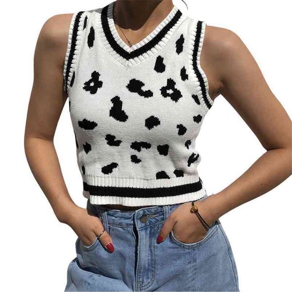 

women sweater vest cow print sleeveless v-neck female pullover casual slim fit camisole ladies clothing 210522, Black;white