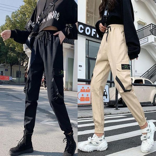 

women's pants & capris loose streetwear trouser woman elastic waist drawstring jogger pant plus size casual women high cargo fashion nv, Black;white
