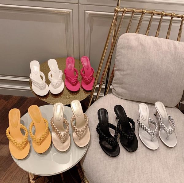 

slippers braided women slides 2021 .5cm high heels genuine leather shoes round toe flip flops summer dress sandals, Black