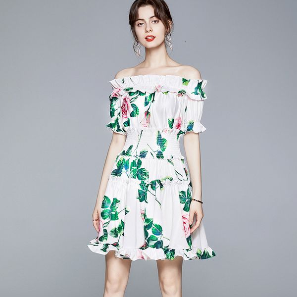 

casual dresses women summer fashion slash neck short sleeve strapless elastic waist ruffles slim print ezkx, Black;gray