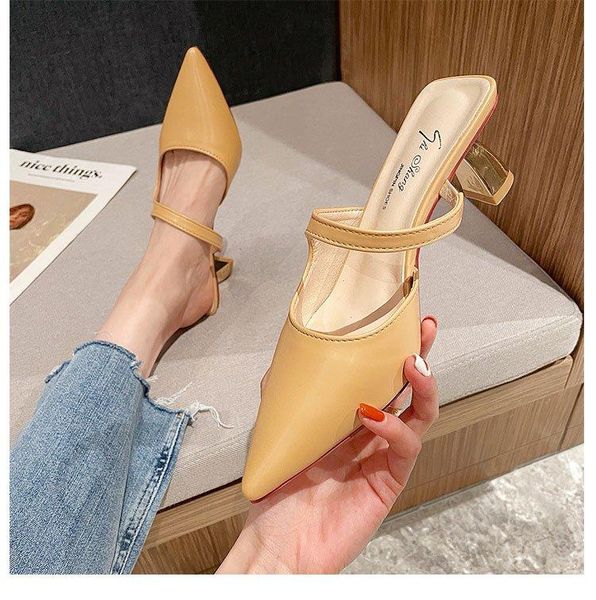 

pointed toe med shoes woman 2021 slippers soft loafers luxury slides heeled mules square heel pantofle cover comfort designer hi, Black