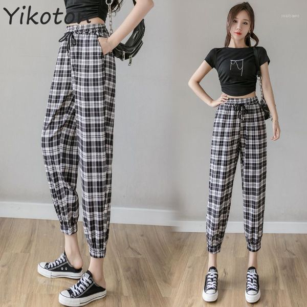 

women's pants & capris fashion harajuku plaid for women trousers 2021 streetwear woman harem summer ladies casual drawstring joggers, Black;white