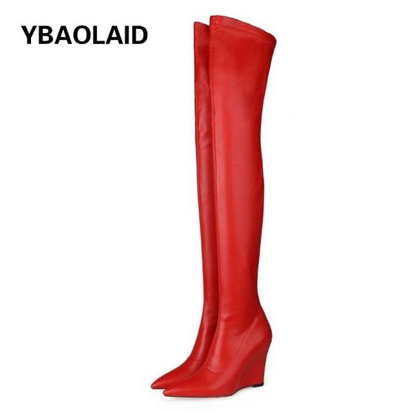 

boots pointed toe patent leather wedge over the knee 2021 autumn and winter genuine stretch long, Black