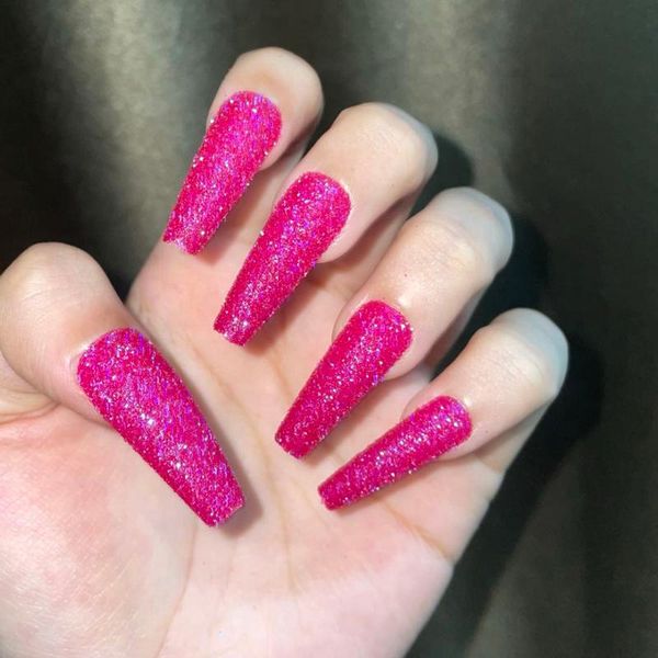 

false nails 24pcs artificial glitter powder pink detachable long ballerina wearable fake full cover nail tips, Red;gold