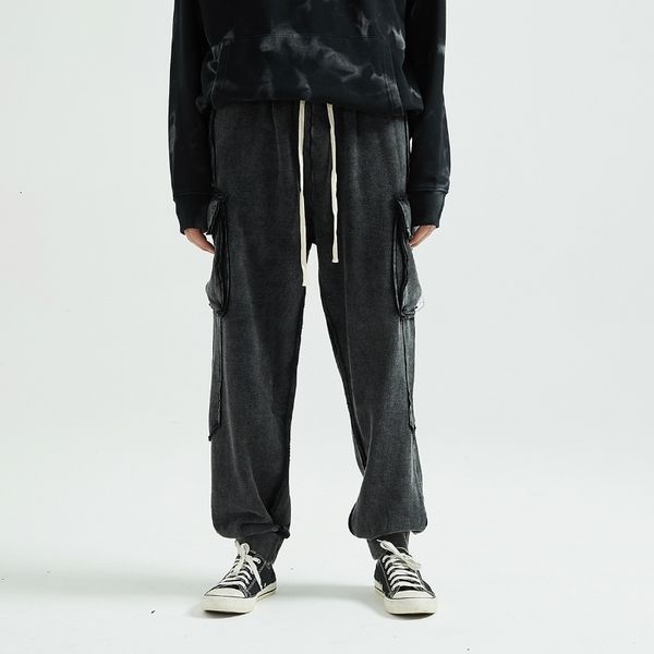 

distressed black ankle-length terry cargo pants men autumn streetwear dongguan_ss