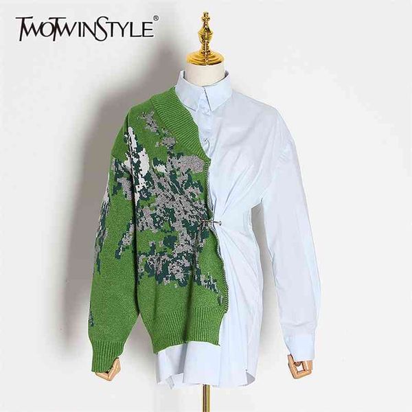 

twotwinstyle patchwork hit color kitting shirts female lapel collar long sleeve high waist tunic irregular blouses women fashion 210401, White