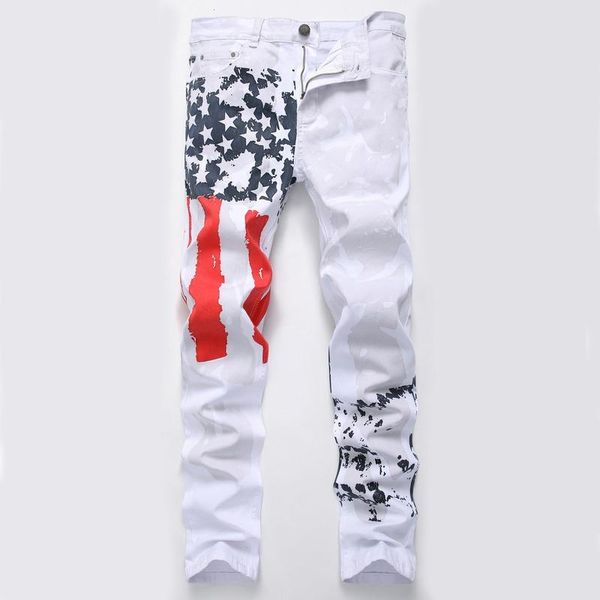 

men's jeans men white printing american flag printed elasticity slim casual star red stripe print pants big size 28-42, Blue