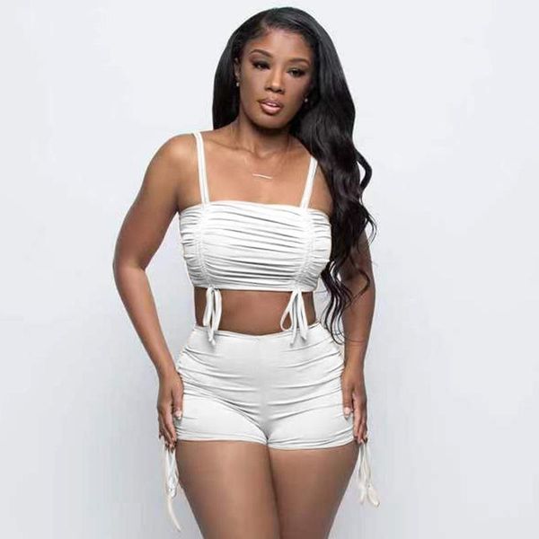 

women's tracksuits casual two piece set women solid sleeveless drawstring ruched crop +shorts matching outfits fitness sporty streetwea, Gray