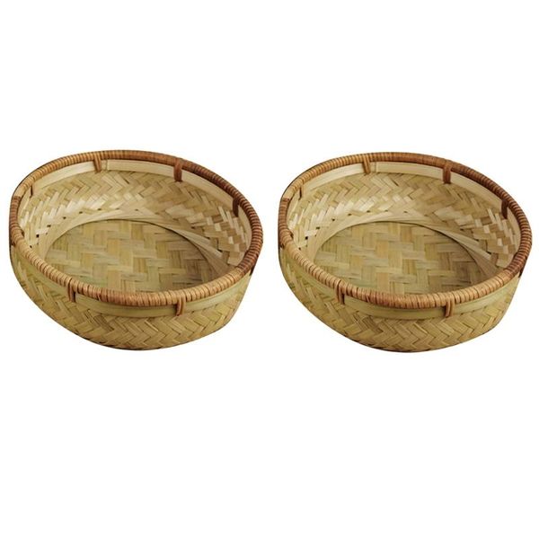 

storage baskets 2 pcs of set handmade woven bamboo basket,kitchen tray for food/bread/fruite&egg