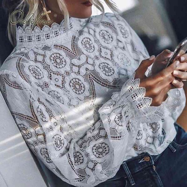 

summer women white lace shirt long sleeve transparent female blouse 210415