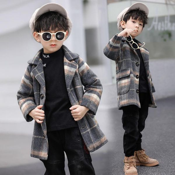 

jackets 2021 boys autumn winter woolen long coat fashion elegant kids overcoats cotton padded thickening warm children outfits clothes, Blue;gray
