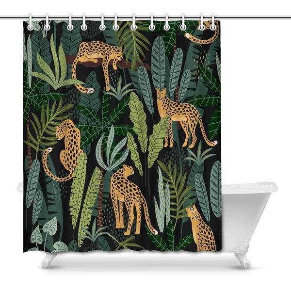 

leopards and tropical leaves art decor print bathroom shower curtain decorations curtains