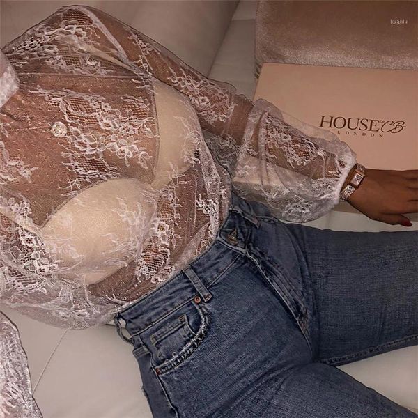 

backless women clothes long sleeve loose see-through ladies mesh 2021 spring summer floral lace blouse shirts, White