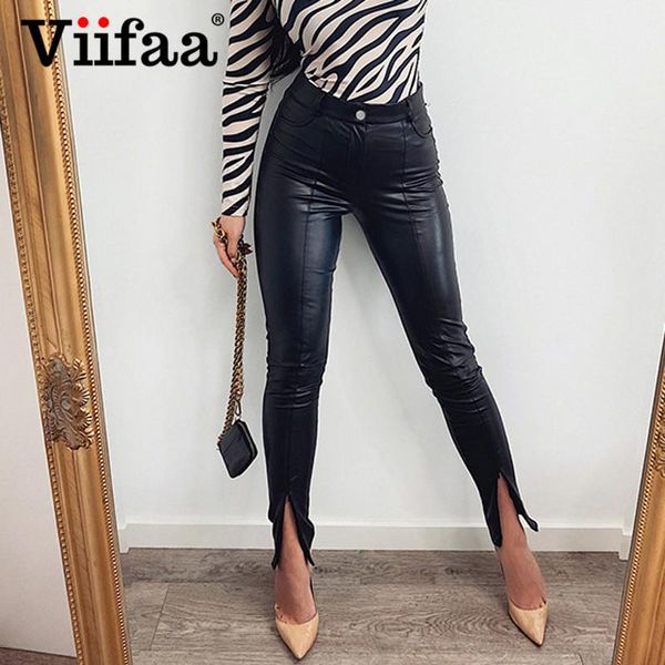 

viifaa black faux leather zipper split hem slim trousers women autumn winter mid waist skinny streetwear pants women's & capris, Black;white