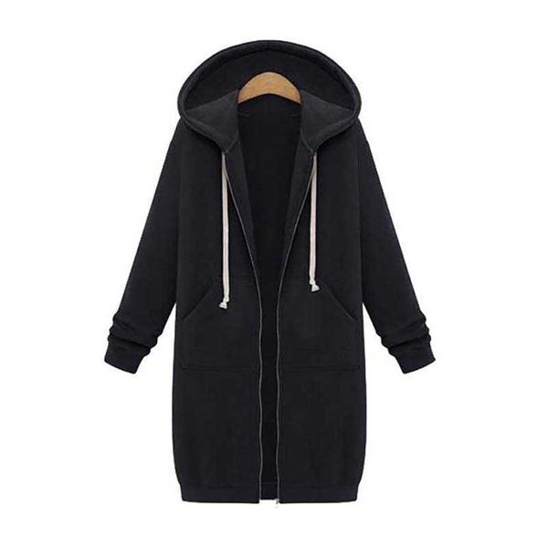 

solid color pocket long sleeve zipper drawstring midi hoodies women casual streetwear plus size fashion simplicity coat 210608, Black