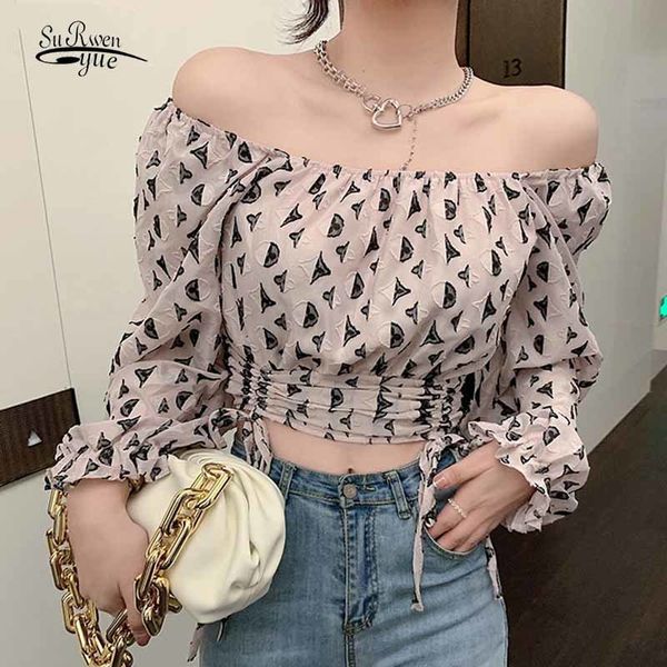 

autumn pullover geometry long sleeve strapless slash neck chiffon short women drawstring pleated slim print blouse 12334 210417, White