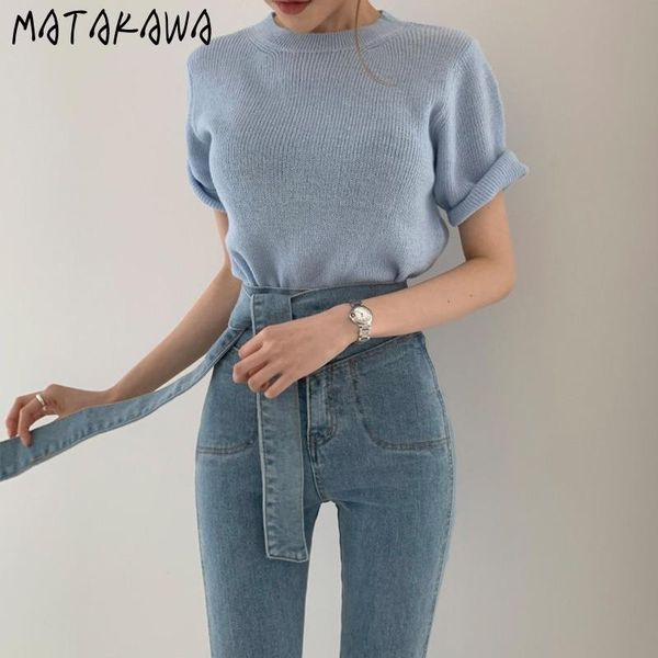 

thin ice silk knitted sweater 2021 summer solid color short-sleeved women pullover slim outerwear women's sweaters, White;black