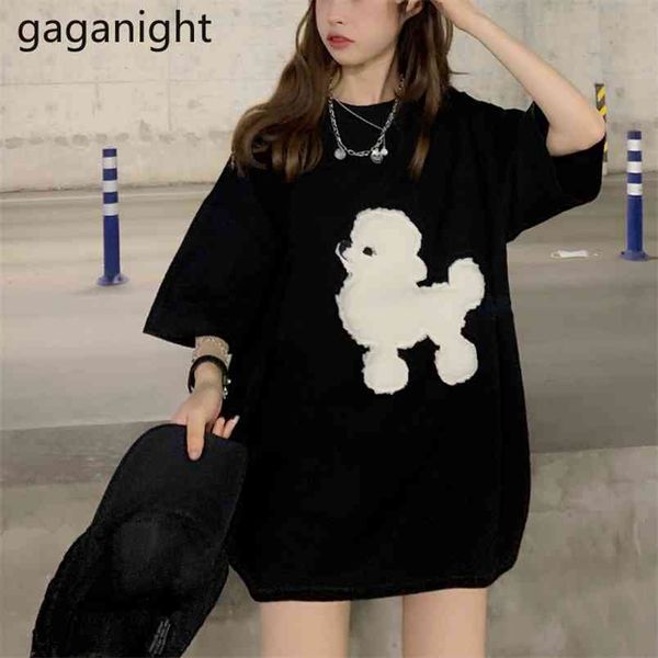 

loose basic cotton t shirt cartoon casual t-shirts o-neck dog embroidery short sleeve tee summer women 210601, White