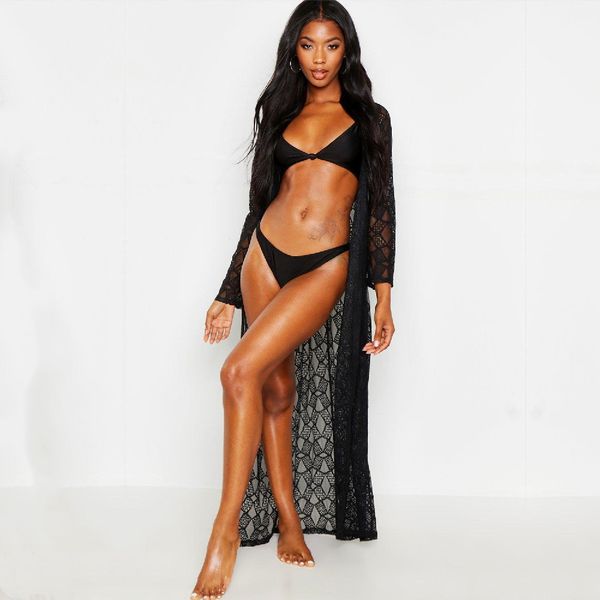 

long lace beach cover up robe de plage swimsuit saida praia longa women bathing suit cover tunics for #q974 210420, White;black