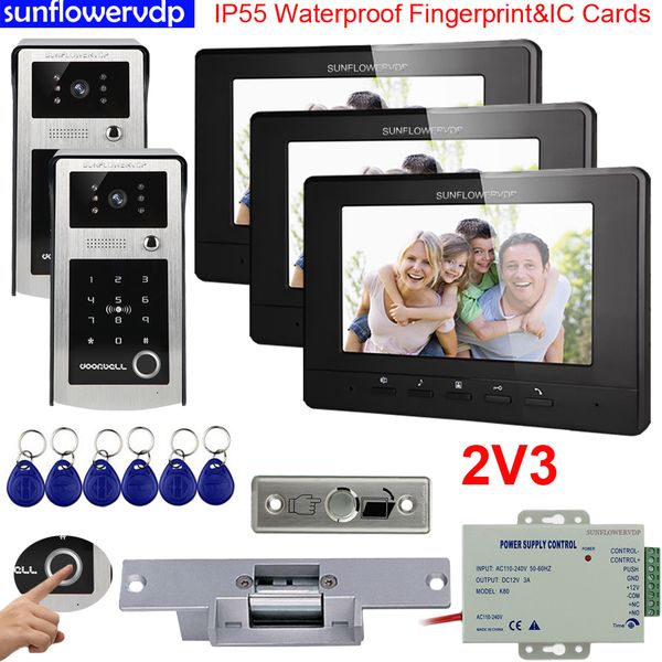 

video door phones intercoms ip55 waterproof fingerprint ic & code unlock three 7" color indoor monitors + electric strike lock 2 doors