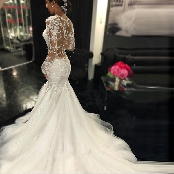 

mermaid wedding dresses 2022 fashion slim backless v-neck long-sleeve lace trailing wedding dress bridal vestido de novia, White