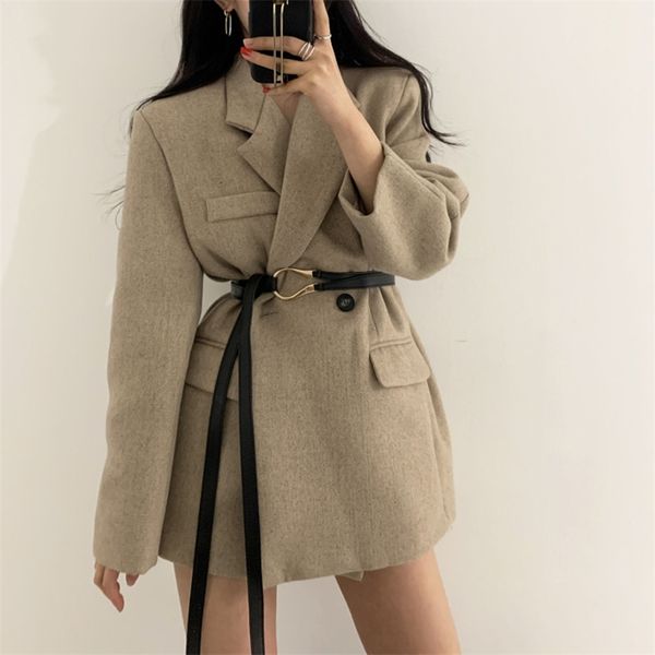 

women's suit blazer double-breasted button design slim long sleeve woolen coat with belt elegant lapel jacket female 210601, White;black