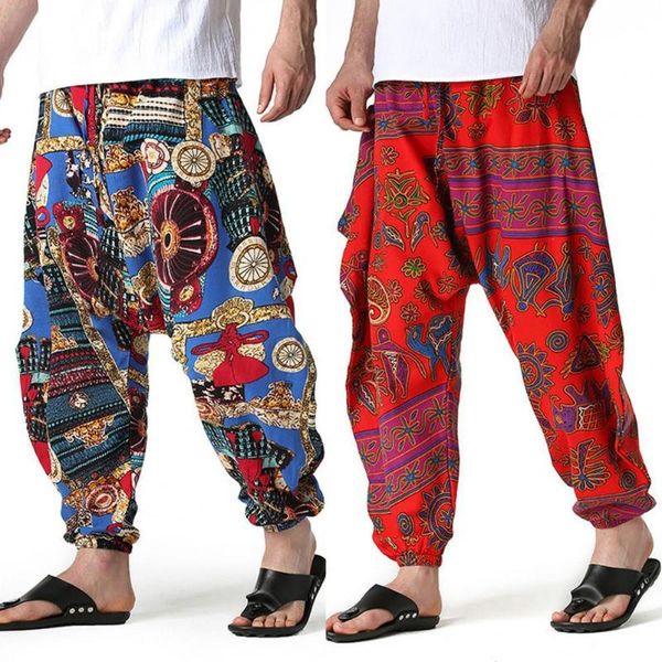 

men's pants harem printed crotch multi-pocket loose beach mid-waist, Black