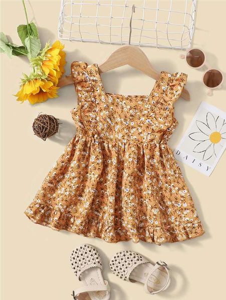 

baby ditsy floral ruffle hem dress she, Red;yellow