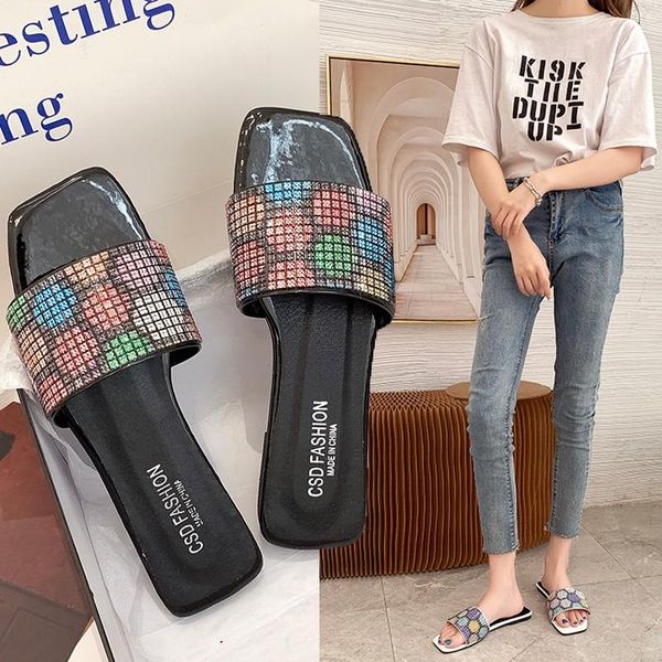 

bling 2021 women shoes slippers summer beach sandals fashion rhinestone outdoor flip flops mujer, Black