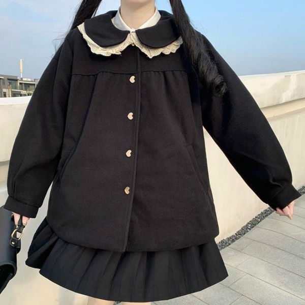 

japanese cute kawaii girl gothic lolita loose wool coat preppy gentle sweet fairy heart button elegant chic young woman overcoat women', Black