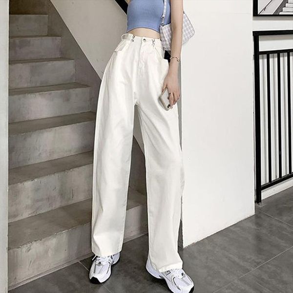 

high waist loose korean straight womens jeans pants mom white boyfriend female wide leg streetwear spring trousers, Blue