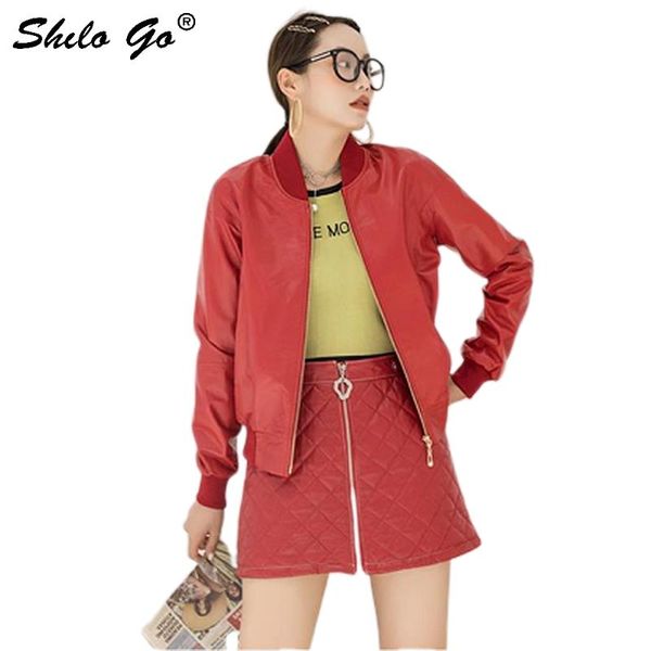 

women's jackets genuine leather jacket red minimalist mock neck bishop sleeve baseball coat women autumn casual black solid zip outwear, Black;brown