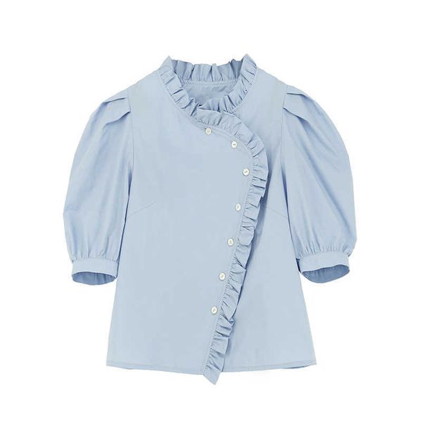 

perhaps u white blue stand collar solid shirt puff short sleeve button blouse summer casual loose women ruffle b0558 210529