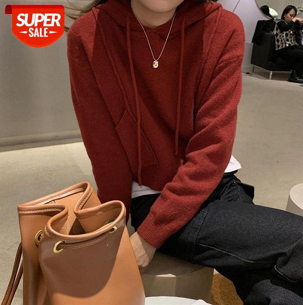 

[huang zheng] pure color short pullover hooded sweater women korean style loose m8457 #j51m, Black;gray