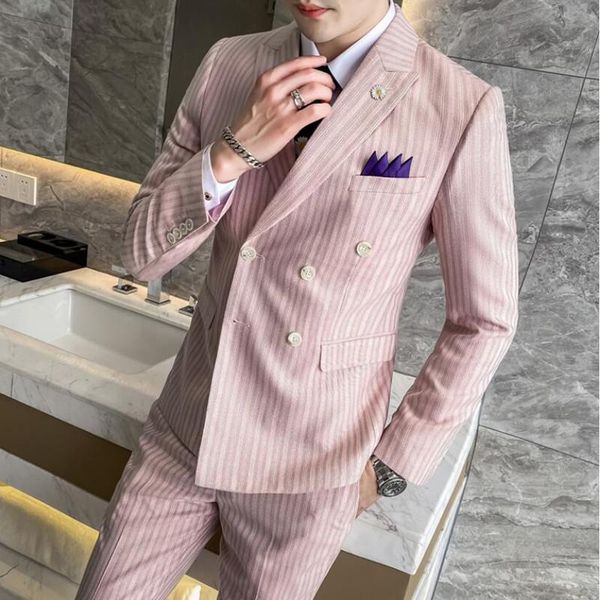 

men's suits & blazers double breasted men design 3pcs narrow stripe slim suit mens wedding dress (jacket + vest pants), White;black