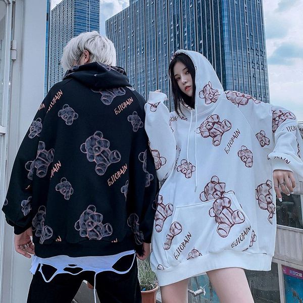 

hip hop bear full print hooded sweatshirts pullover fashion streetwear men and women autumn winter plus fleece hoodie coats men's hood, Black