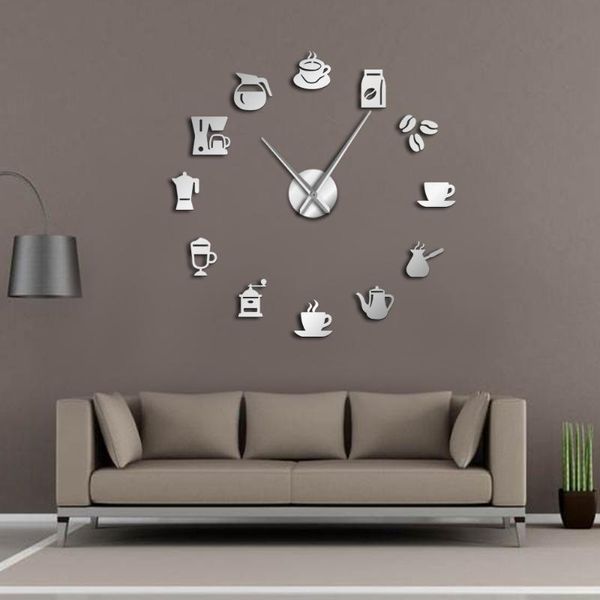 Orologi da parete Tazza da caffè Negozio d'arte Orologio gigante fai-da-te Adesivi per caffetterie Grandi lancette decorative Orologio grande senza cornice