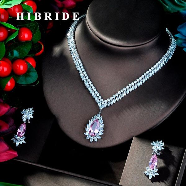 

earrings & necklace hibride shiny pink color water drop cubic zircon dubai dress jewelry set white gold sets n-816, Silver