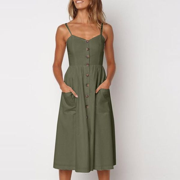 

casual dresses women's summer solid color front buttoned high waist a-line pocket sling dress boho mini girls party streetwear, Black;gray