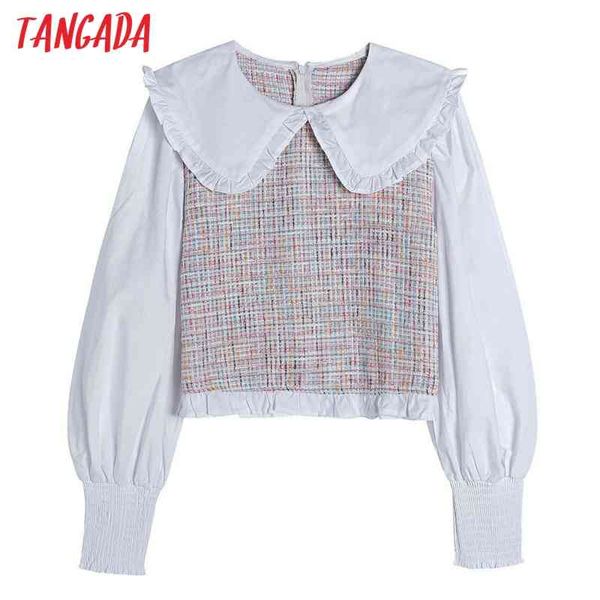 

women retro colorful yarn plaid tweed patchwork blouse long sleeve chic female shirt 6h1 210416, White
