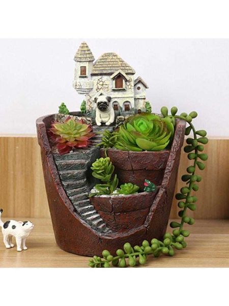 Mini House Figurine Vaso da fiori in resina per fioriera per piante grasse cactus 210615