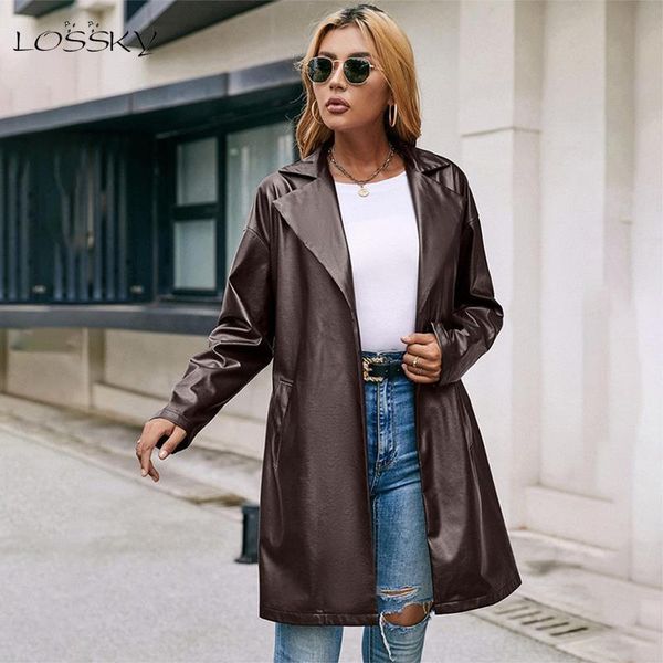 

women's leather & faux women motorcycle jacket fashion pu cardigan blazer casual lace-up long trench coat spring autumn streetwear jack, Black