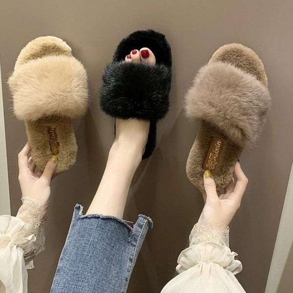 

natural sheepskin winter warm fur slippers women home shoes indoor slipper wool woman casual, Black
