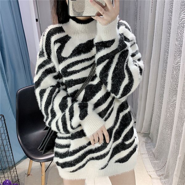 

women's knits & tees autumn winter korean vintage zebra-striped mohair knitted loose long sweater khmf, White