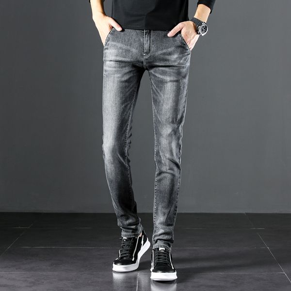 

tide brand street retro foot pants stretch slim hong kong style men's straight leg jeans, Blue