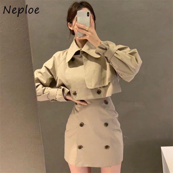 

work style ol 2 pcs women set turn down collar long sleeve short jacket + high waist hip double breast a line skirt suit 210422, White